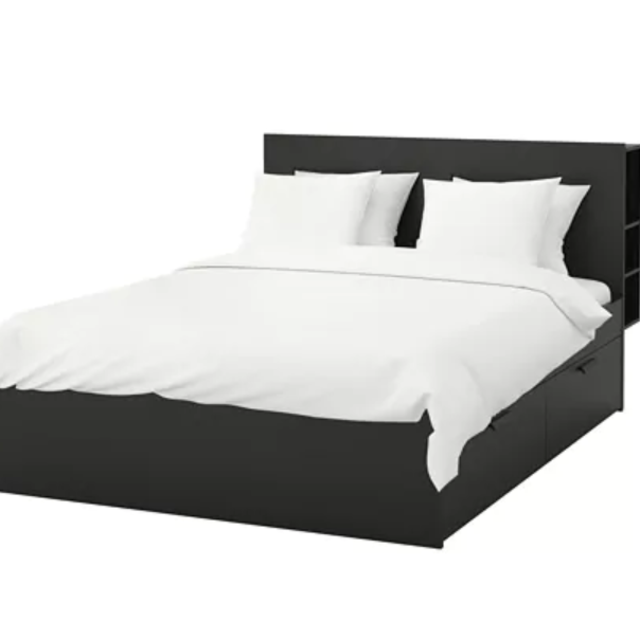 BRIMNES Bed frame with storage & headboard, black, Luröy