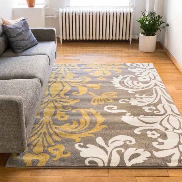 Vavu Damask Grey Gold Ivory Floral Modern Area Rug 5x7 ( 5'3" x 7'3" ) Modern Oriental Classic Soft Pile Contemporary Carpet Thick Plush Stain Fade Resistant Easy Clean Bedroom Living Dining Room
