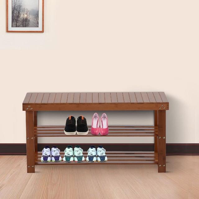 Wood Shoe Bench Seaut 2 Shelf Rack Organizer Storage Entryway Furniture Red Brown