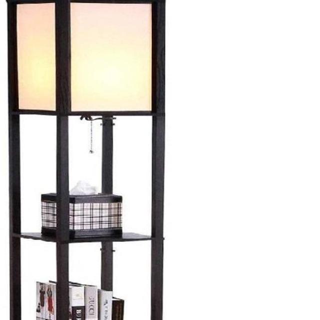 Brightech Maxwell - LED Shelf Floor Lamp - Modern Standing Light for Living Rooms & Bedrooms - Asian Wooden Frame with Open Box Display Shelves - Black