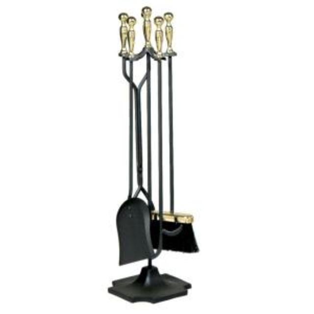Polished Brass and Black 5-Piece Fireplace Tool Set