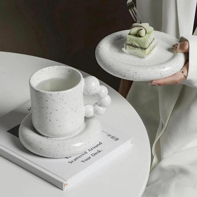 Bubble Handle Coffee Mug with Saucer • White Speckle