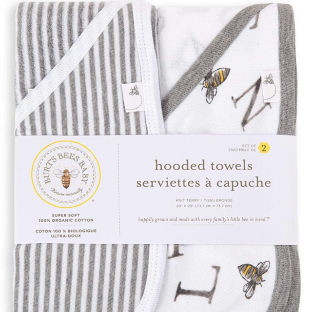 Burt's Bees Baby - Hooded Towels, Absorbent Knit Terry, Super Soft Single-Ply, 100% Organic Cotton 2 Pack), A-Bee-C, 2 Pack
