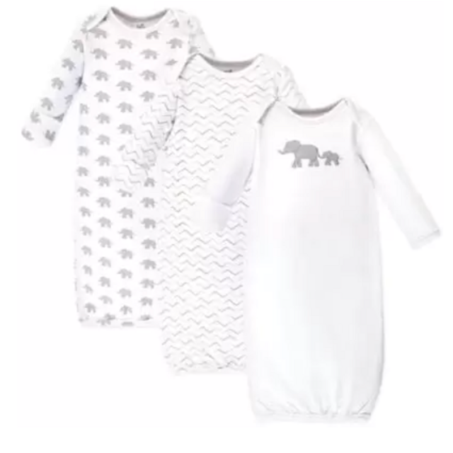 Touched by Nature Size 0-6M 3-Pack Marching Elephants Organic Cotton Gowns in White