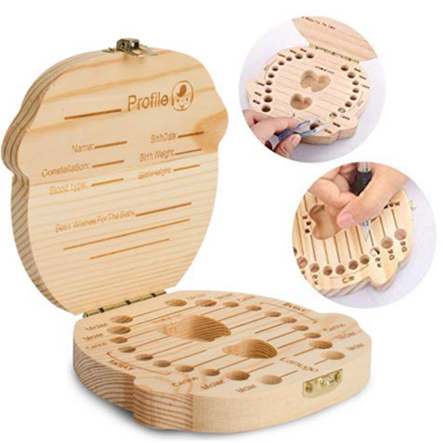 Baby Tooth Box ,Wooden Kids Keepsake Organizer for Baby Teeth, Cute Children Tooth Container with Tweezers and lanugo Bottle to Keep the Childhood Memory (Boy)