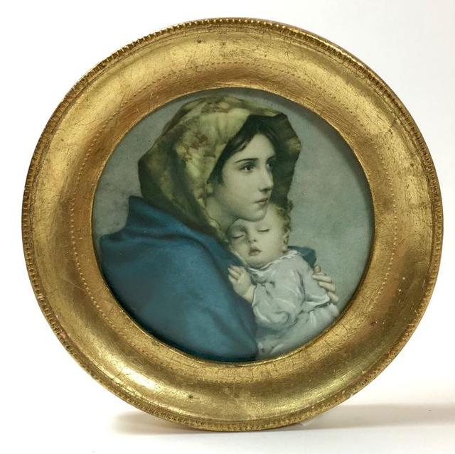 Gold Gilt Round Wood Frame and Madonna Art