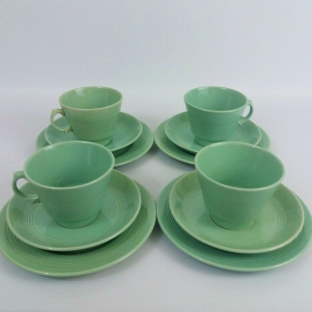 1940s Utility Ware Teacup Trios, set of 4