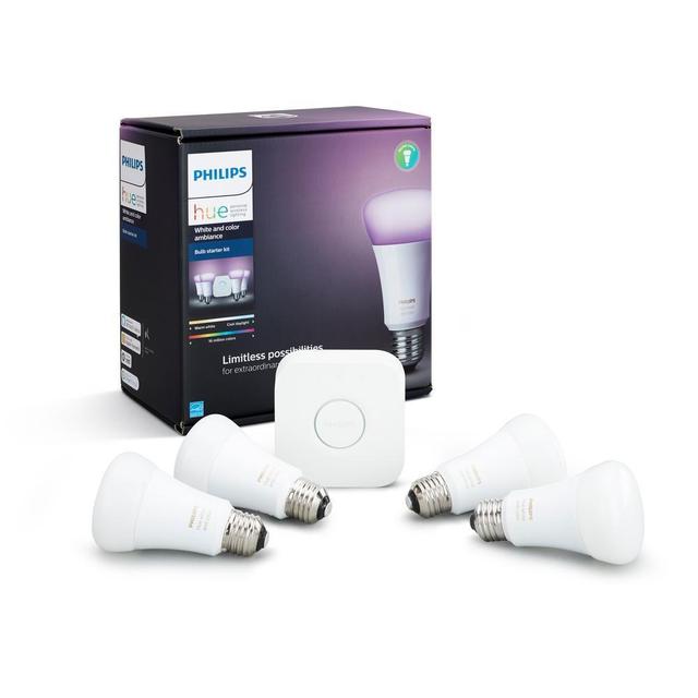 Philips Hue White A19 4-Pack 60W Equivalent Dimmable LED Smart Bulbs (4 White Bulbs, Compatible with Alexa, HomeKit & Google Assistant, Hub Required)
