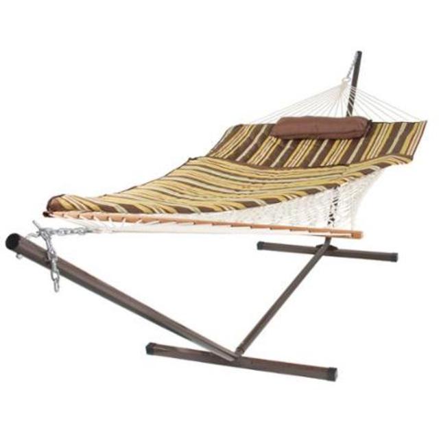 Cotton Rope Hammock & 12 Feet Steel Stand Combo w/ Stripe Pad and Pillow