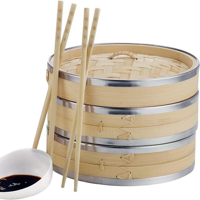 VonShef Premium 2 Tier Bamboo Steamer with Stainless Steel Banding Includes 2 Pairs of Chopsticks and 50 Wax Steamer Liners, Perfect For Steaming Dim Sum Dumplings Buns Vegetables Fish Rice, 10 Inches
