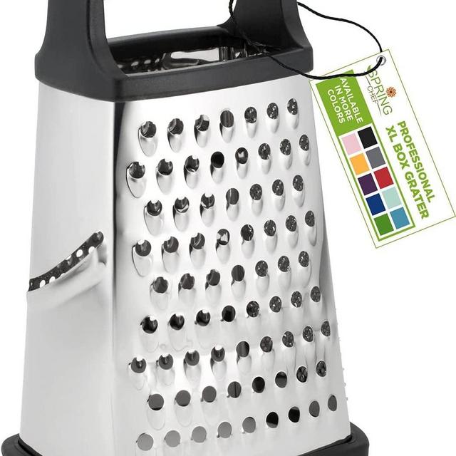 Professional Box Grater, Stainless Steel with 4 Sides, Best for Parmesan Cheese, Vegetables, Ginger, XL Size, Black