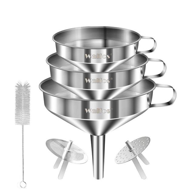 Stainless Steel Funnel, Walfos 3 Pack Kitchen Funnel with 2 Removable Strainer ＆ 1Pcs Cleaning Brush, Perfect for Transferring of Liquid, Oils, Jam, Dry Ingredients & Powder