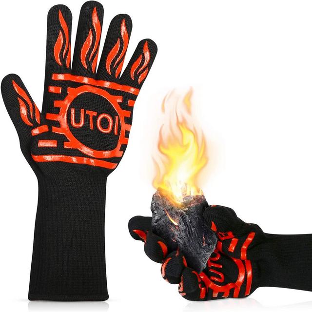UTOI BBQ Grill Gloves, 1472°F Heat Resistant Barbecue Gloves Oven Mitts for Kitchen Garden BBQ Grilling and Outdoor Cooking Campfire, EN407 Certified, 1 Pair 13 inch Long Extra Forearm Protection