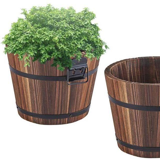 Wooden Bucket Barrel Planters – 5.5’’ Rustic Flower Planters Pots Boxes Container with Drainage Holes for Patio Garden Outdoor Indoor Home...