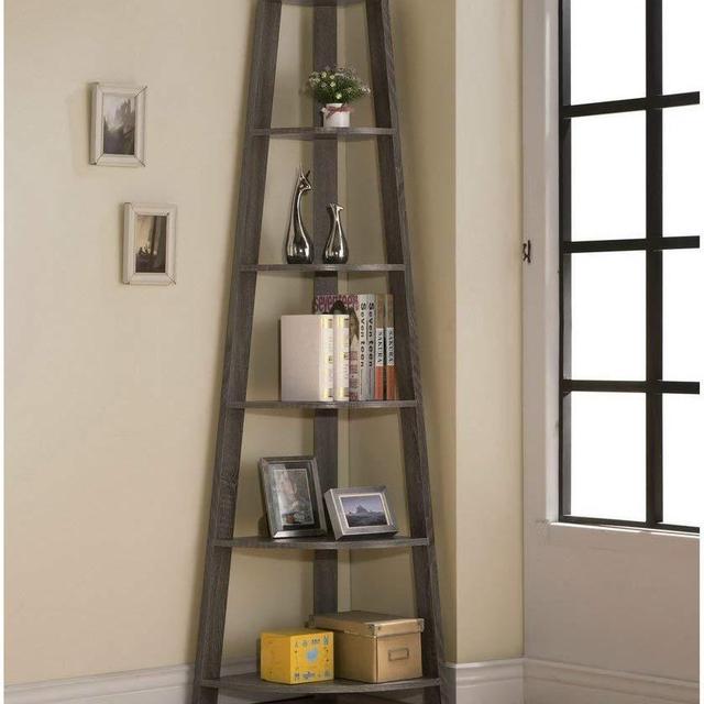 Weathered Grey Finish Wood Wall Corner 5-Tier Bookshelf Bookcase Accent Etagere
