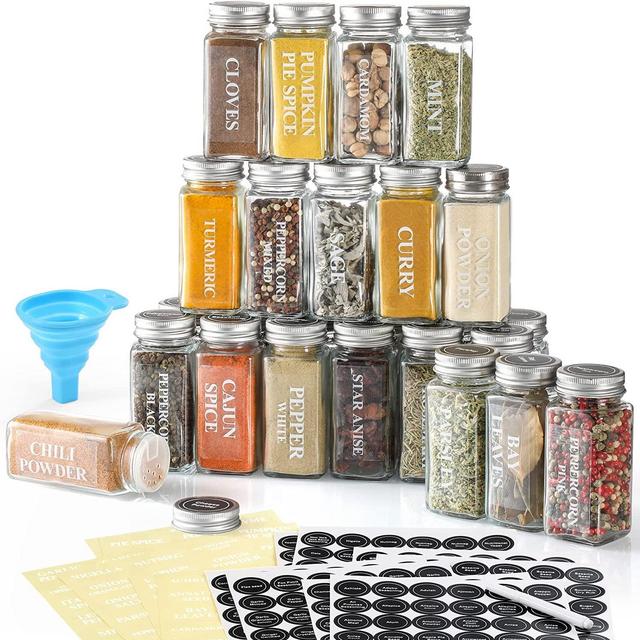 AOZITA 24 Pcs Glass Spice Jars / Bottles with Spice Labels - 4oz Empty Square Spice Containers, Condiment Pot - Shaker Lids and Airtight Metal Caps - Silicone Collapsible Funnel Included