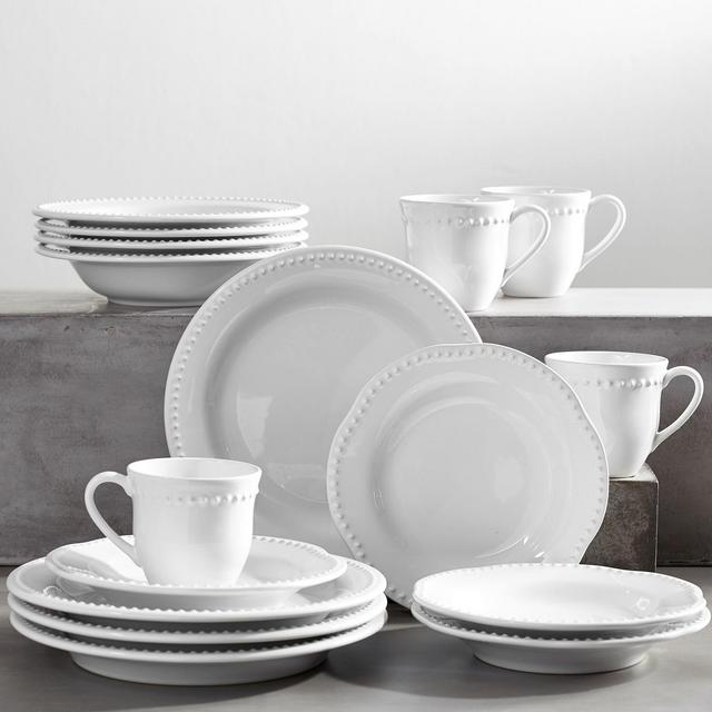 Emma Beaded Stoneware 16 Piece Dinnerware Set TRUE WHITE- with CEREAL Bowl