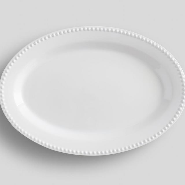 Emma Beaded Stoneware Oval Serving Platter- True White