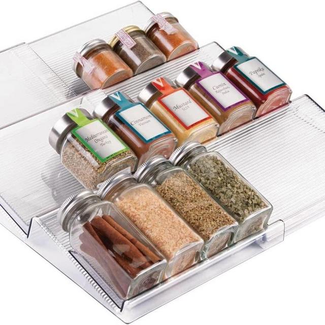mDesign Expandable Plastic Deluxe Spice Rack, Drawer Organizer for Kitchen Cabinet Drawers, 3 Tier Slanted for Spice Jars, Food Seasoning Bottle Storage, Ligne Collection - Clear
