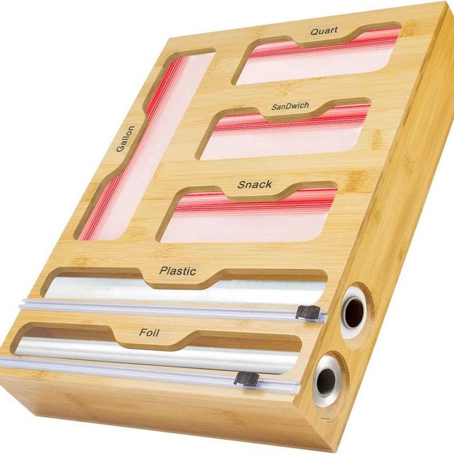 Ziplock Bag Organizer Bamboo , 6 in 1 Wrap Dispenser With Cutter, Kitchen Storage Ziplock Bag Organizer For Drawer, Compatible With Ziplock Gallon, Quart, Sandwich, Snack, Aluminum Foil etc