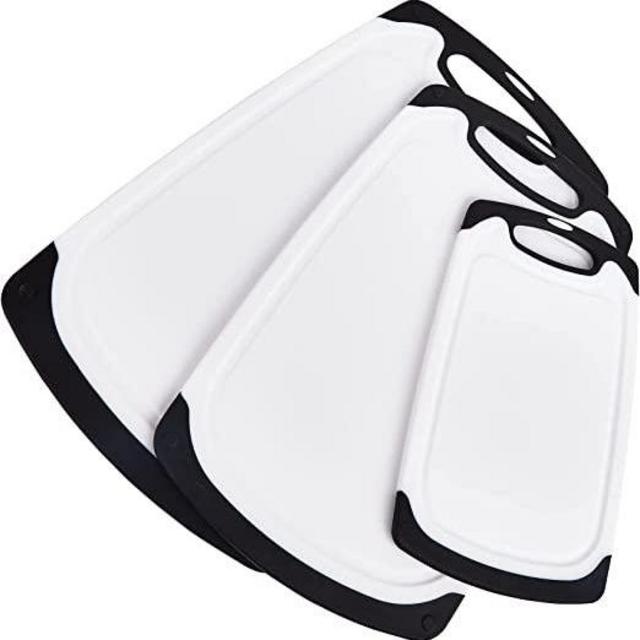 Cutting Board for Kitchen CREVTOU Plastic BPA Free PP Material Cutting Boards Set Of 3, Dishwasher Safe Non-Slip Rubber Feet &Juice Grooves&Easy Grip Handle (White)