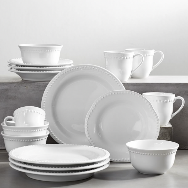 Emma Beaded Stoneware 16 Piece Dinnerware Set TRUE WHITE with CEREAL Bowl