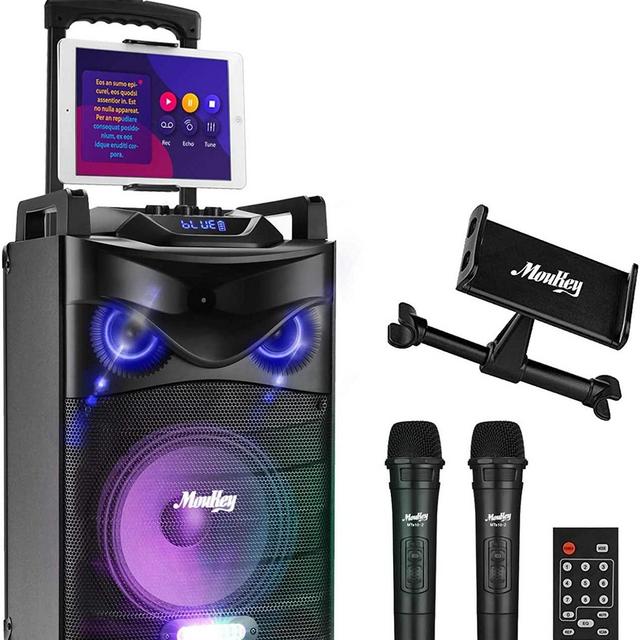 Moukey Karaoke Machine,540 Watt Peak Power Wireless Connection Karaoke Speaker System-PA Stereo with 10" Subwoofer,DJ Lights,Rechargeable Battery,2 VHF Microphone,1 Tablet Holder,Recording,MP3/USB/SD