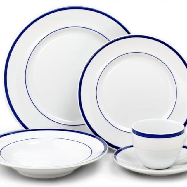20 piece Brasserie Blue-Banded Porcelain Dinnerware Collection