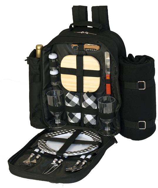 Plush Picnic - 2 Person Picnic Backpack with Cooler Compartment, Detachable Bottle/Wine Holder, Fleece Blanket, Plates and Cutlery Set