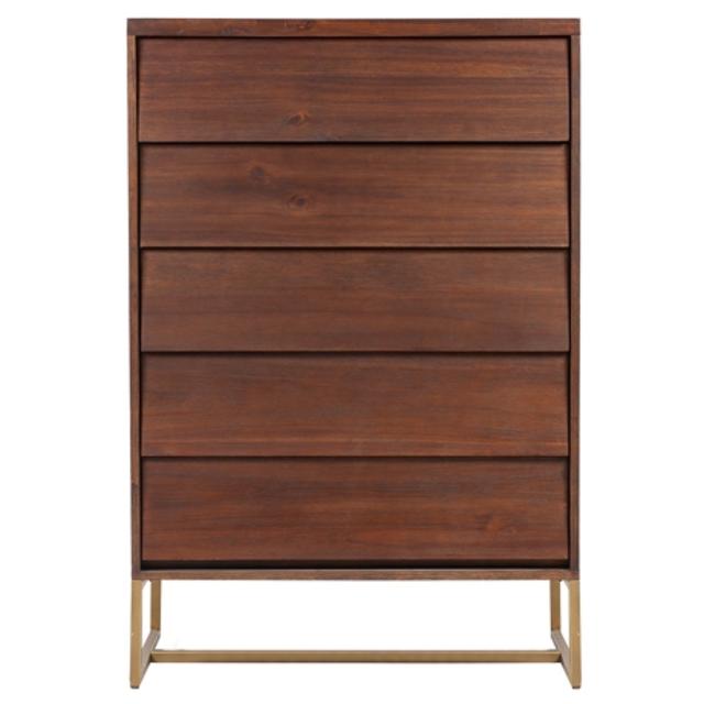 Parque 5 Drawer Tallboy in Cafe/Brass Colour