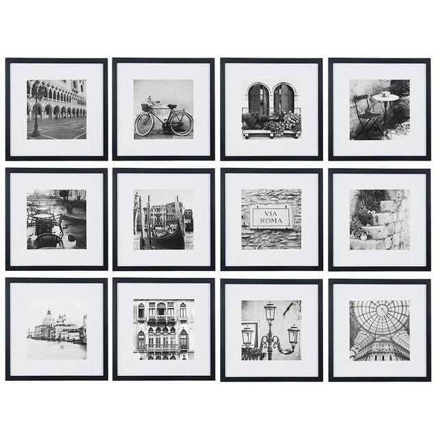 Gallery Perfect 12 Piece Black Square Photo Frame Gallery Wall Kit with with Decorative Art Prints & Hanging Template, Set