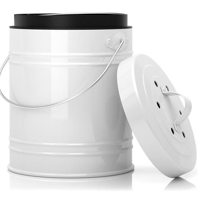 Oversized 1.3 Gallon Kitchen Compost Bin with EZ-No Lock Lid, Plastic Liner & Charcoal Filters in White & Black - Sturdy Construction & Odor-Free Seal to Prevent Bugs & Smell w/Dishwasher Safe Bucket