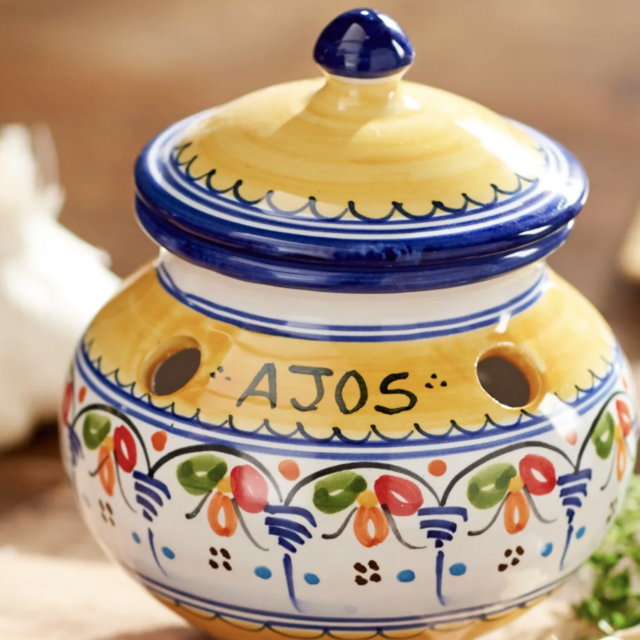 Blue and Yellow Ceramic Garlic Jar