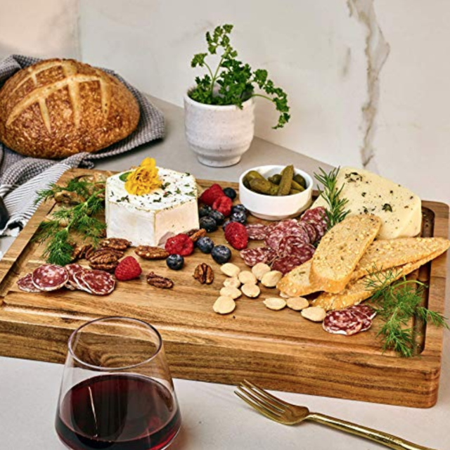 Large Reversible Multipurpose Thick Acacia Wood Cutting Board: 16x12x1.5 Juice Groove & Cracker/Bread Holder (Gift Box Included) by Sonder Los Angeles
