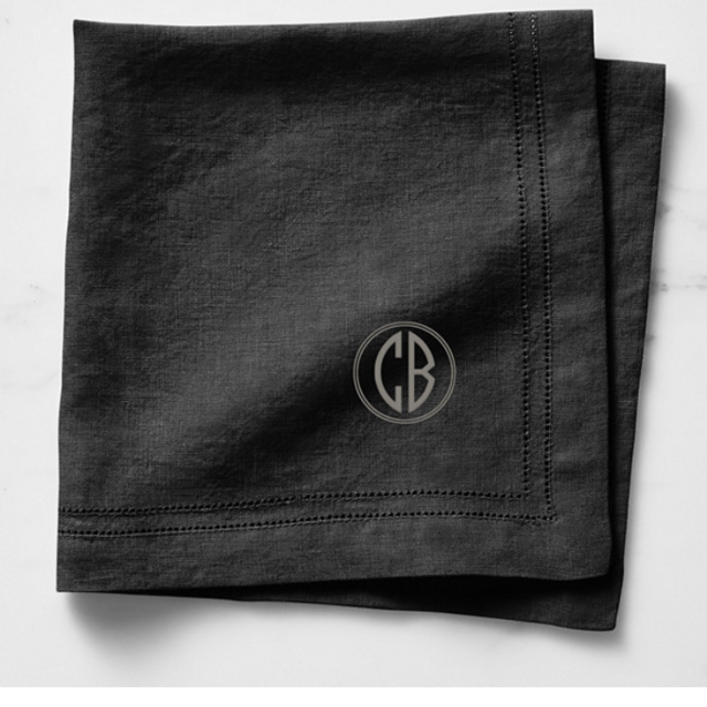 Black Linen Double Hemstitch Napkins, Set of 4, Gray Monogram