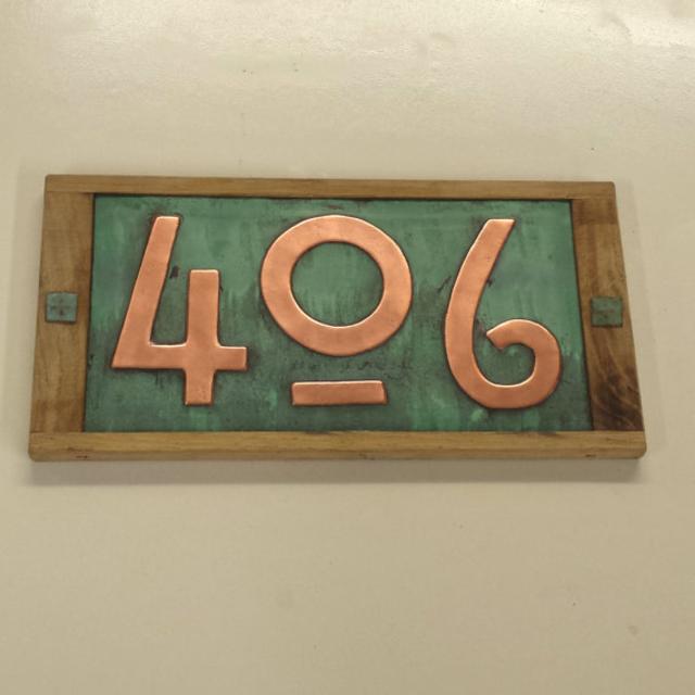 Mission Mackintosh house numbers, Oak framed and Copper address plaque, 3 x nos 3"/75mm or 4"/100mm high  polished, patinated and laquered