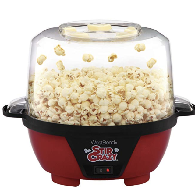 West Bend 82505 Stir Crazy Electric Hot Oil Popcorn Popper Machine with Stirring Rod Offers Large Lid for Serving Bowl and Convenient Storage, 6-Quart, Red