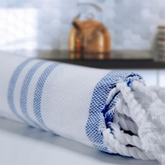 Hand Size Cotton Turkish Towel Pestemal with Indigo Stripes on White (115.00 g / 4.06 oz)