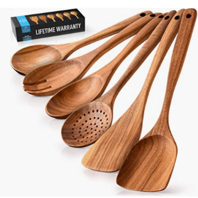 Zulay Kitchen 6 Piece Wooden Spoons for Cooking - Smooth Finish Teak Wooden Utensils for Cooking - Soft Comfortable Grip Wood Spoons for Cooking - Non-Stick Wooden Cooking Utensils - Wooden Spoon Sets