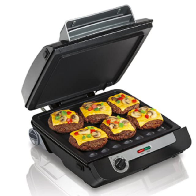 Hamilton Beach 4-in-1 Indoor Grill & Electric Griddle Combo with Bacon Cooker, Opens Flat to Double Cooking Surface, Removable Nonstick Plates, Black & Silver (25601)