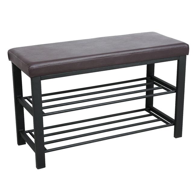 SONGMICS Metal Shoe Bench 2-Tier Shoe Rack Entryway Shoe Storage Oraganizer Faux Leather Top ULBS58Z