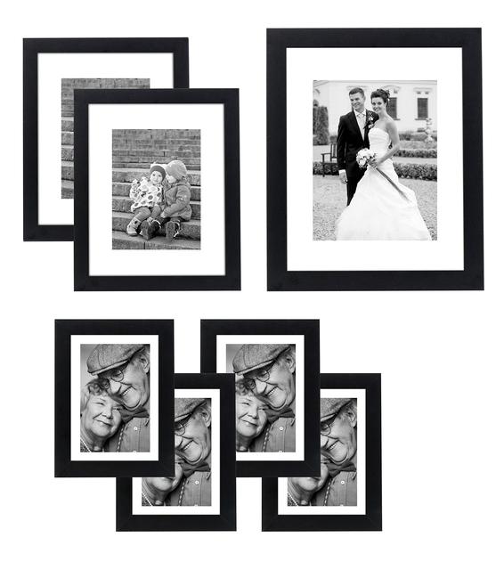 7 piece Picture Frame Gallery Set; Multipack Value Set - 11x14 Inch with 8x10 inch matte opening, Two 8x10 inch with 5x7 matte openings, Four 5x7 inch with 4x6 inch matte opening