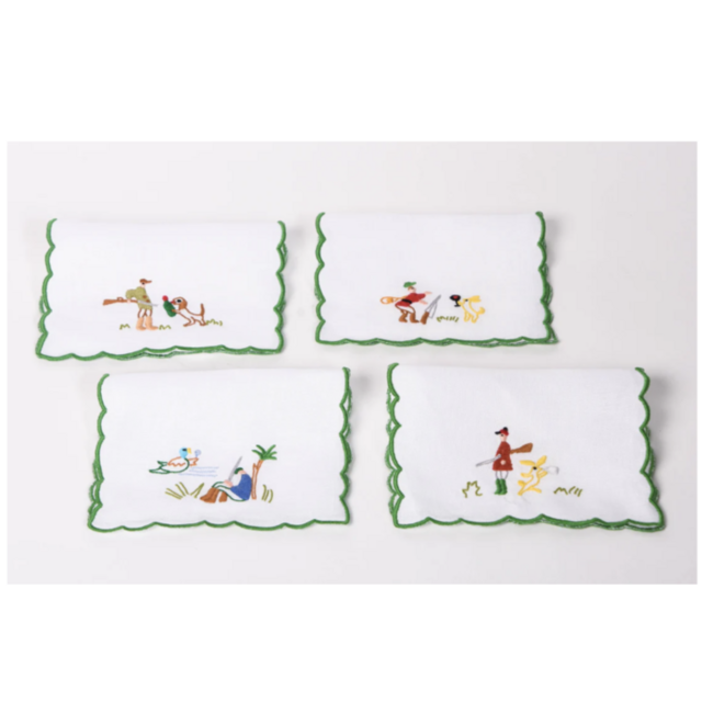 Set of 4 Hand Embroidered Hunting Cocktail Napkins