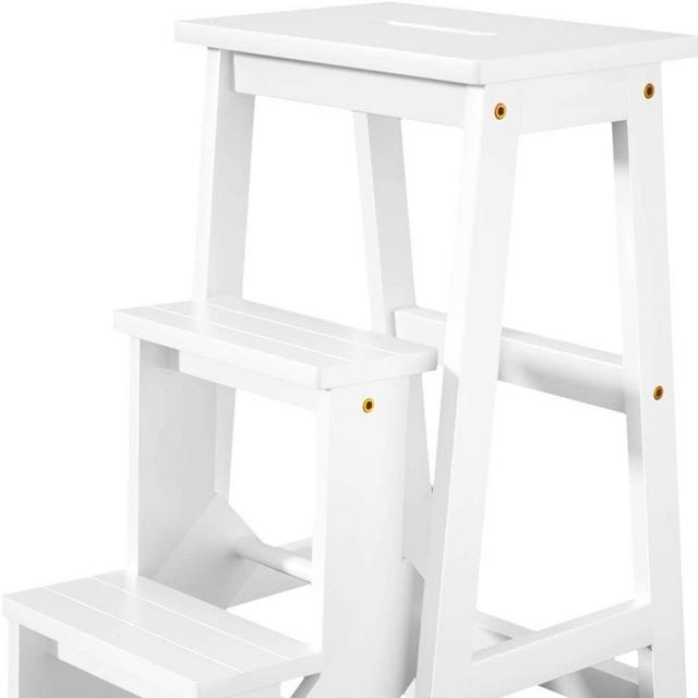 Costzon Folding Step Stool 3 Tier Wood Ladder, 3-in-1 Design with Ladder, Stool and Storage Shelf, Multifunction Pine Wood Foldable Ladder for Home, Library, 353lbs Capacity (White)