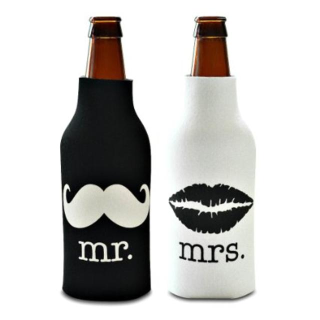 Mr. and Mrs. - Front and Back Printed- Wedding, Anniversary, Newlywed, Zipper Bottle Cooler Gift Set - Set of 2 Foam Bottle Koozies- Valentines Day Gift for Her