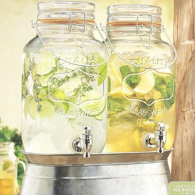 Palais Glassware High Quality Clear Glass Beverage Twin Dispenser with Bail & Trigger Locking Lid - 3.68 Quart Each, with Ice Bucket Base