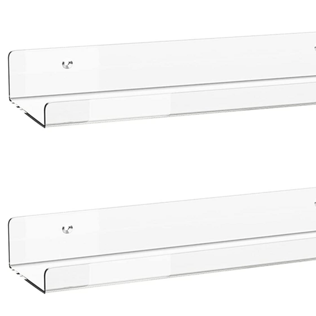 Acrylic Floating Shelves, 2 Pack of 15 inches Invisible Acrylic Floating Wall Ledge Shelf, Wall Mounted Nursery Kids Bookshelf, Spice Rack, Bathroom Storage Shelves for Cosmetics, Photos, Books, Spice