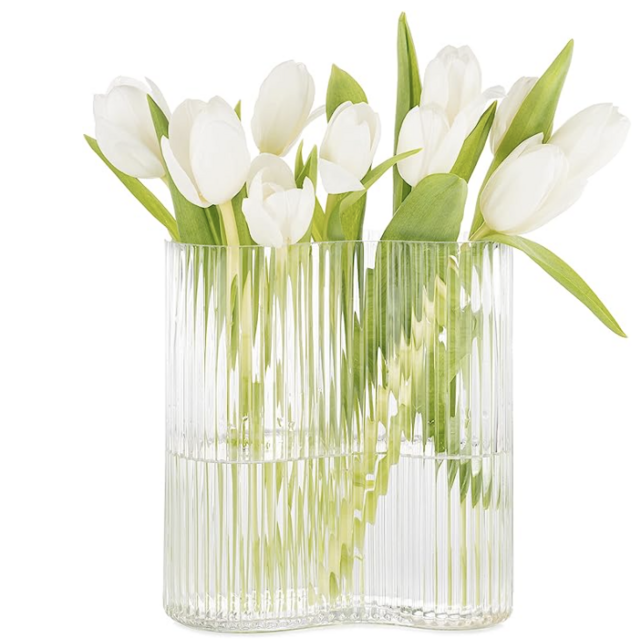 MOLIMAO Glass Vase for Centerpieces,Modern Large Vase for Flowers,Footprint Shape Striped Bottle for Home,Office Restaurant Desk Decor 8.3 Inch(Clear)
