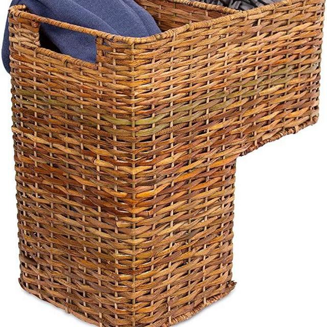 BIRDROCK HOME Stair Basket for Staircases - Wicker Woven Storage Bin for Stairs - Natural Brown Organizer Baskets - Cut Out Handles - Reduce Clutter
