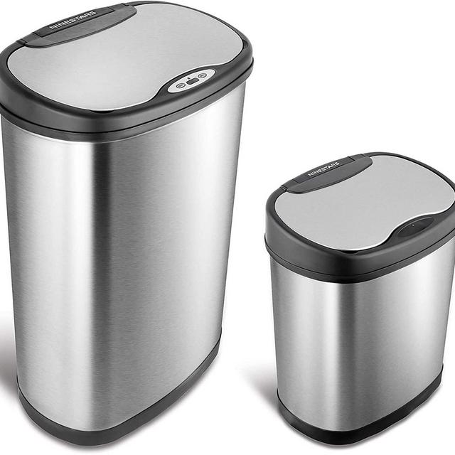 NINESTARS CB-DZT-50-13/12-13 Automatic Touchless Infrared Motion Sensor Trash Can Combo Set, 13 Gal 50L & 3 Gal 12L, Stainless Steel Base (Oval, Silver/Black Lid)